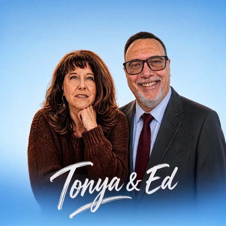 Tonya A. Sharrett-Shoemaker and Dr. Franklin “Ed” Shoemaker, smiling side by side against a blue sky, with “Tonya & Ed” in white script